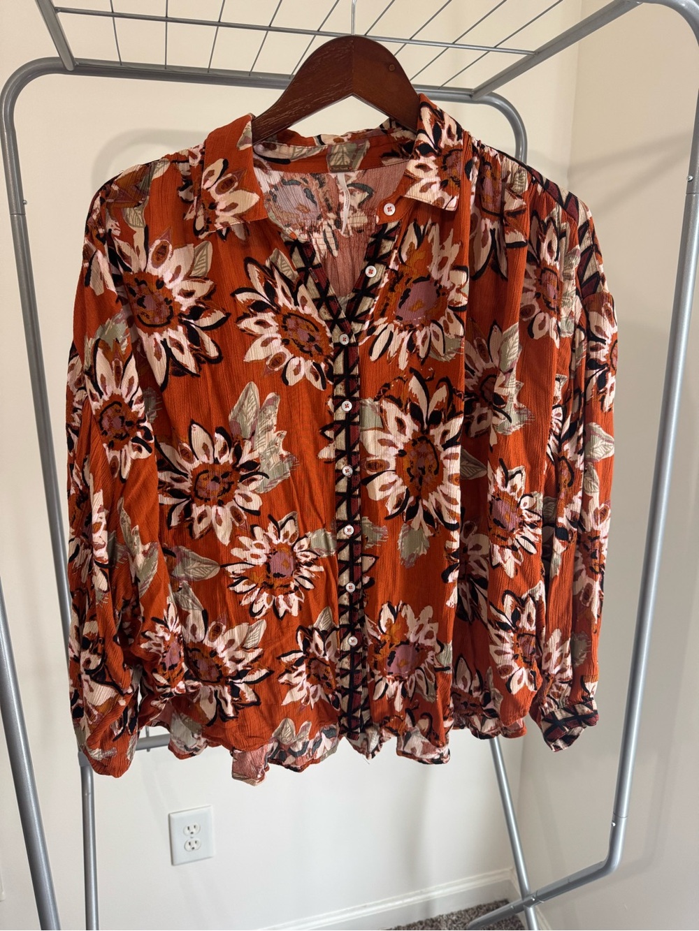 Free People Floral Button Front Blouse Orange Boho Long Sleeve Size S